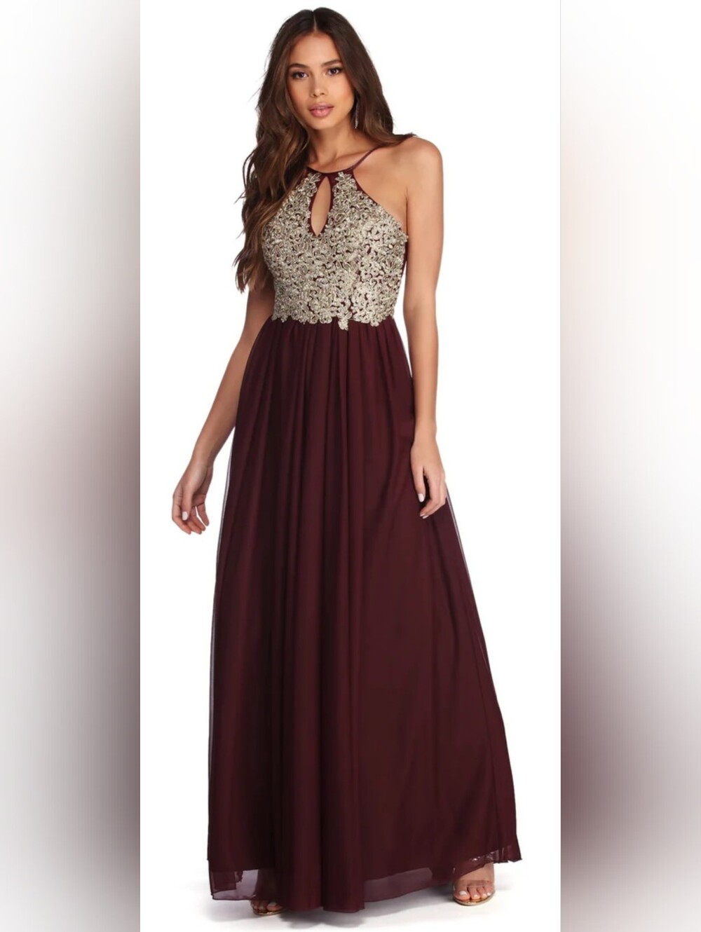Fall Formal Gold Embroidered Keyhole Maxi Dress Women's Sleeveless Ballgown XS/0